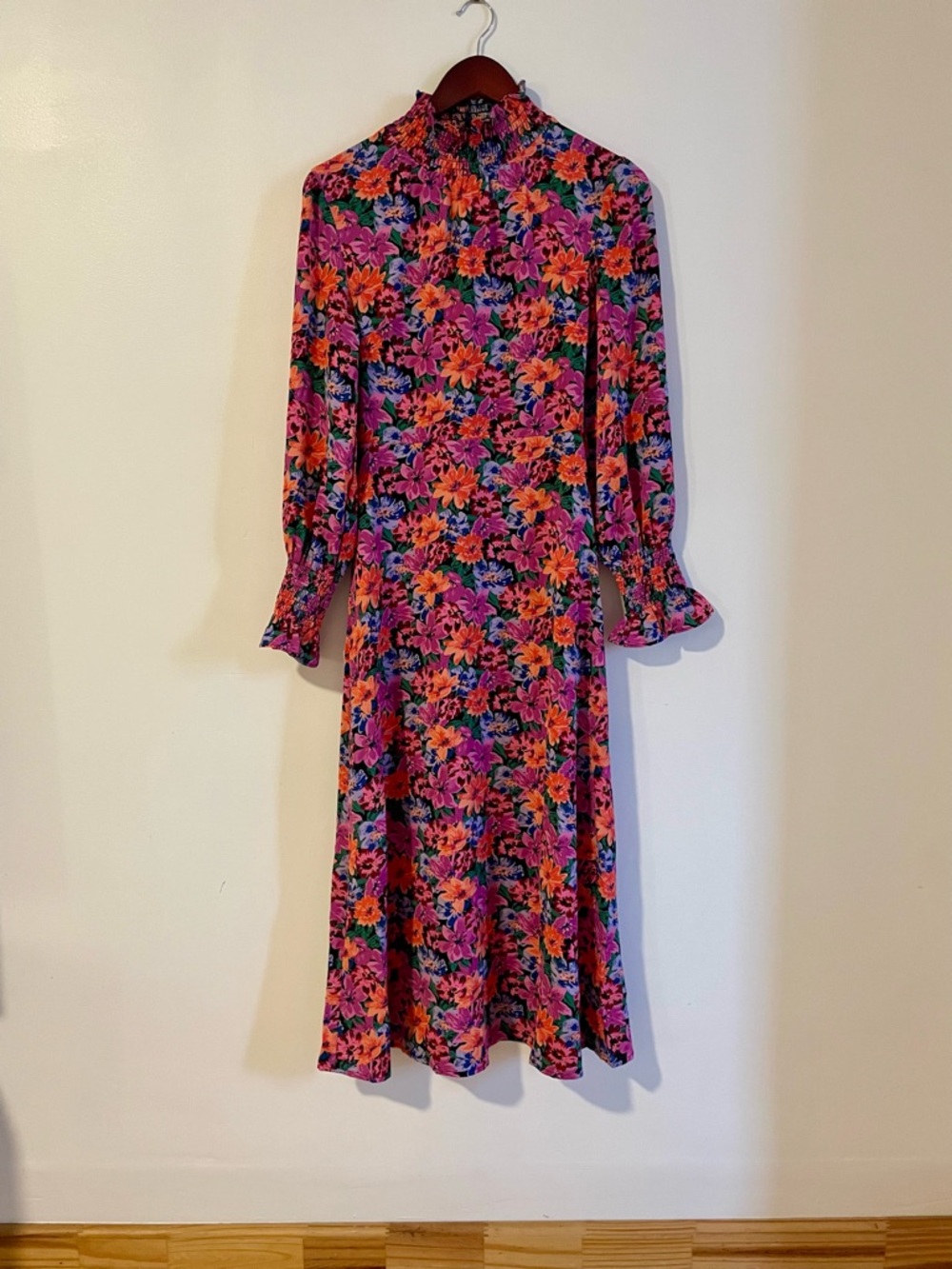 Fore XS High Neck Floral Long Sleeve Midi Dress